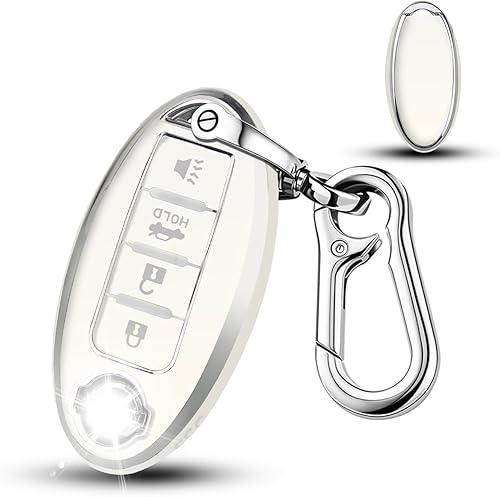QBUC Funda para llavero Nissan con llavero de poliuretano termoplástico suave con ribete plateado, compatible con Maxima Murano Altima Sentra Rogue