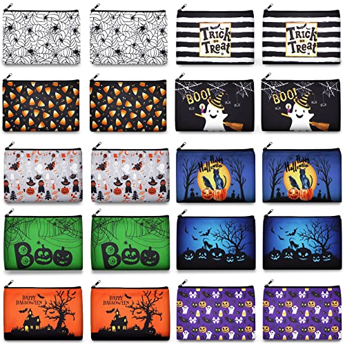 Reginary 20 Pcs Halloween Cosmetic Bags Gift Bags for Kids Girls Women Happy Halloween Pattern Toiletry Organizer for Party Favors Double Sided Printed Makeup Pouch with Zipper