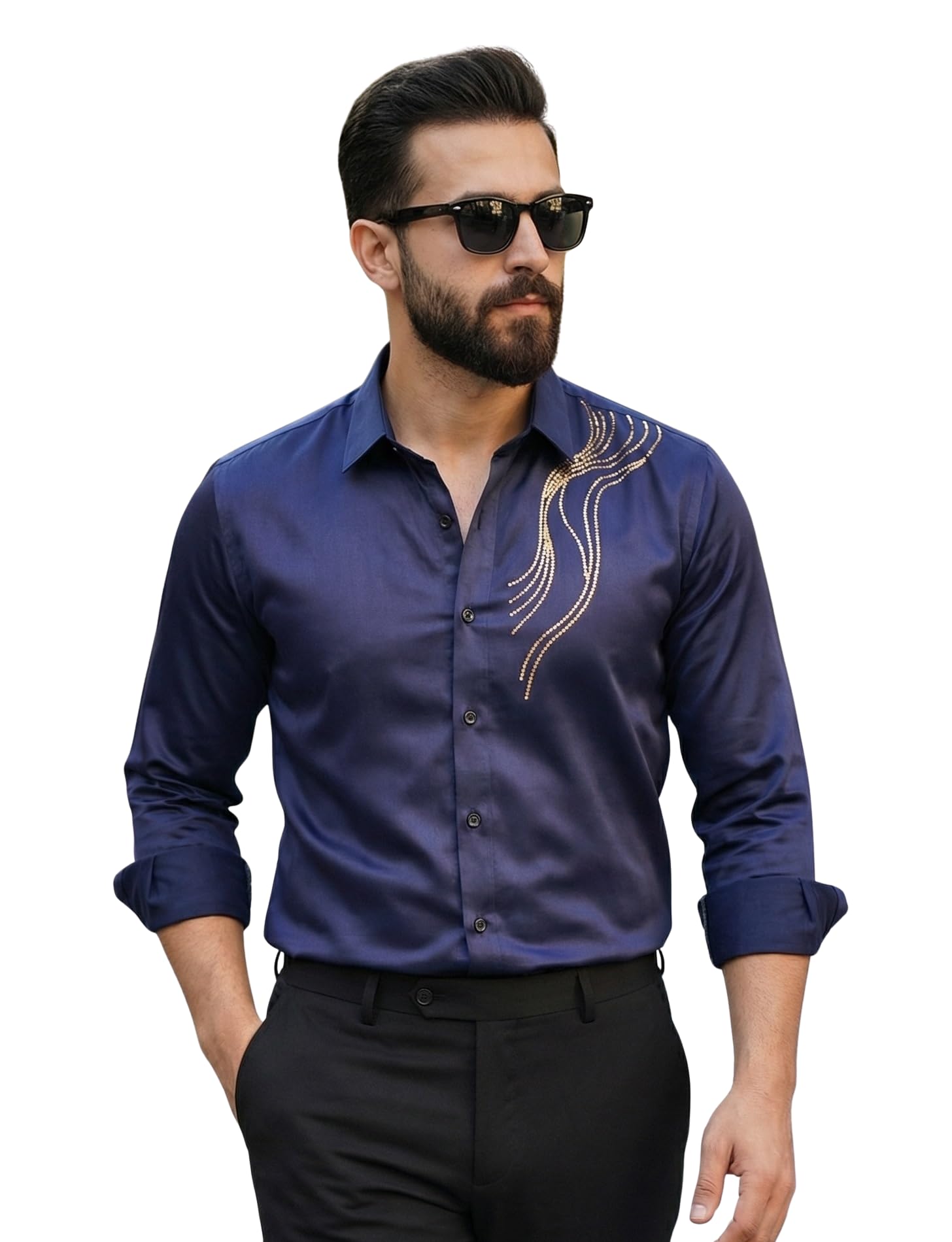IndoPrimo Men's Stylish Satin Regular Fit Casual Shirt | Designer Stone Work Party Look | Full Sleeve Formal Shirt