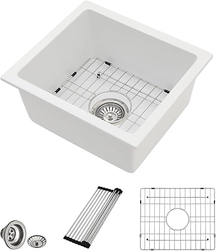 Miniatura 1 de Fregadero de barra compuesto de granito de 18 x 16 pulgadas, fregadero de cocina de granito de montaje inferior de cuarzo blanco compuesto clásico