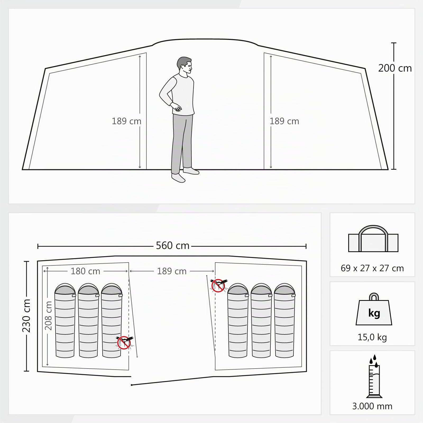 JUSTCAMP Lake 6 Tienda de campaña Familiar 6 Personas (560 x 230 x 200 cm)