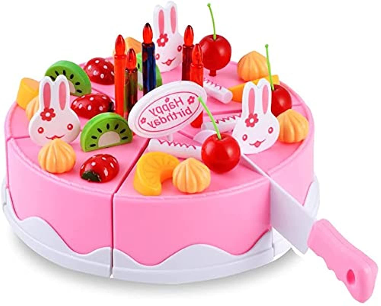 B&K 38 PCS Pretend Play Birthday Cake for Kids, DIY Cutting Birthday Cake Toy with Candles Fruit Dessert and More, Educational Toy Cake Set for Girls & Boys &Toddlers Aged 3-9 (38 Pieces PINK)