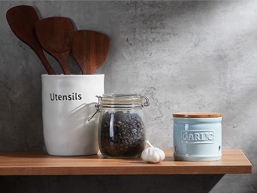 Miniatura 4 de ONEMORE Garlic Keeper con tapa, protector de ajo de cerámica de 4 pulgadas, azul claro