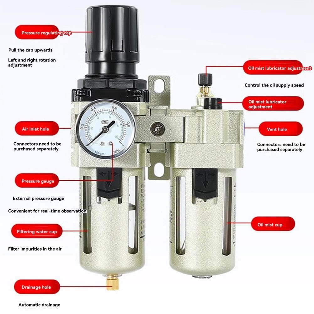 Regulador de Presión de Aire Comprimido de Aleación de Aluminio AC4010-04, 1 Unidad, Filtro de Agua con Trampa de Humedad de 3/8 Pulgadas y Manómetro.