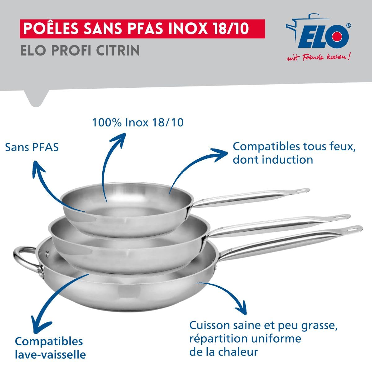 Elo Batterie cuisine 3 poêles 24/28/32 cm et faitout 14 cm