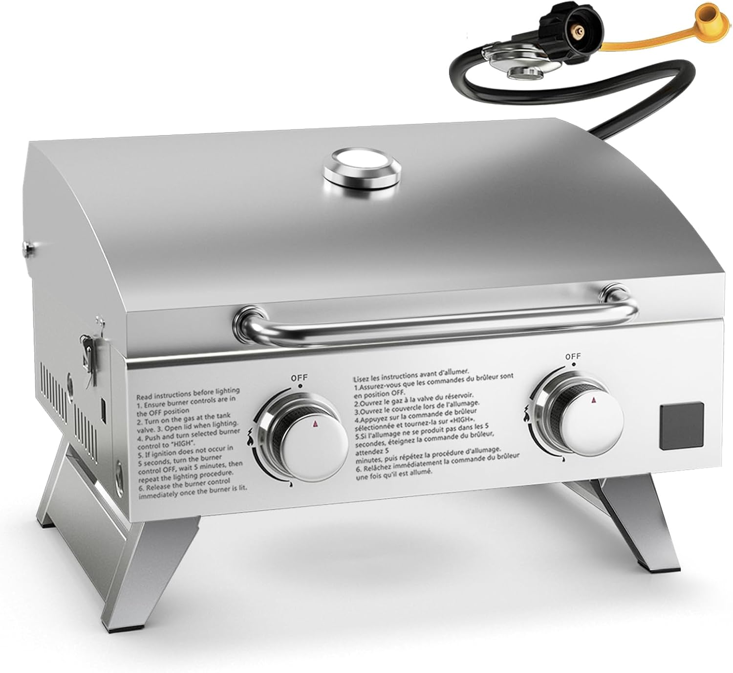 HAPPYGRILL Portable Gas Grill with 2-Burner, 20,000 BTU Total Stainless Steel Tabletop Propane Grill w/Handle, Built-in Thermometer & Extra Flame Rod, Foldable Legs for Outdoor RV BBQ Picnic