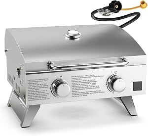 HAPPYGRILL 2-Burner Portable Gas Grill with Lid, 20,000 BTU Stainless Steel Propane Grill with Handle, Top Thermometer & Extra Flame Rod, Foldable Legs, Outdoor BBQ Grill for Camping Hiking Picnic