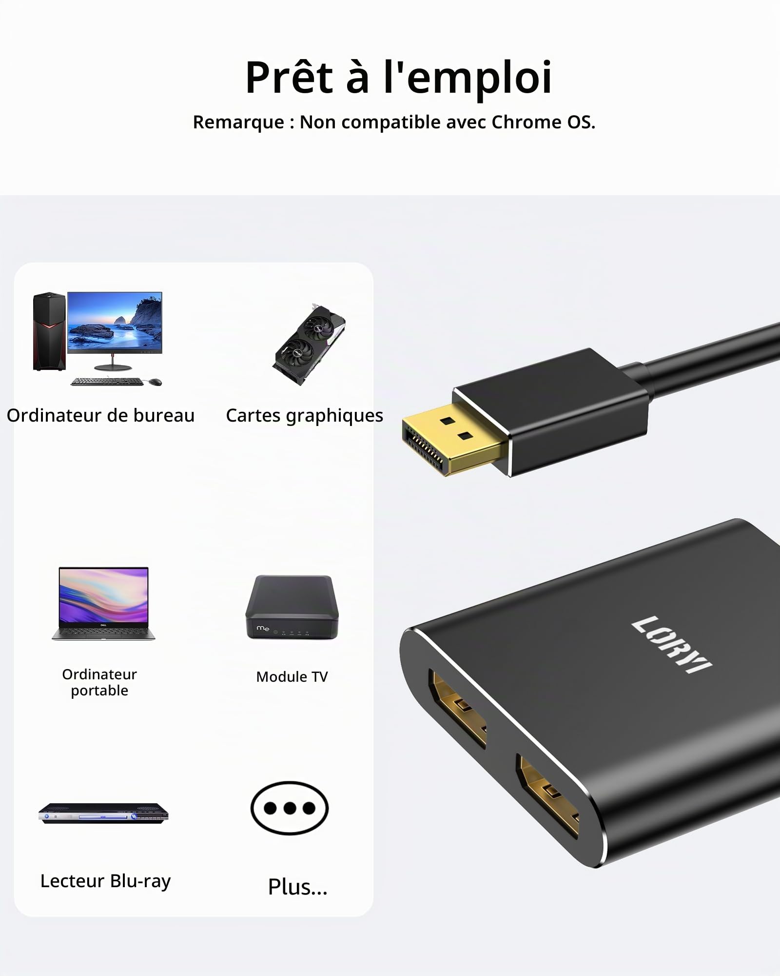 Adaptateur répartiteur DisplayPort vers double DisplayPort, concentrateur MST 4K60Hz 1 entrée 2 sorties pour double moniteurs, répartiteur de port d'affichage DP1.4