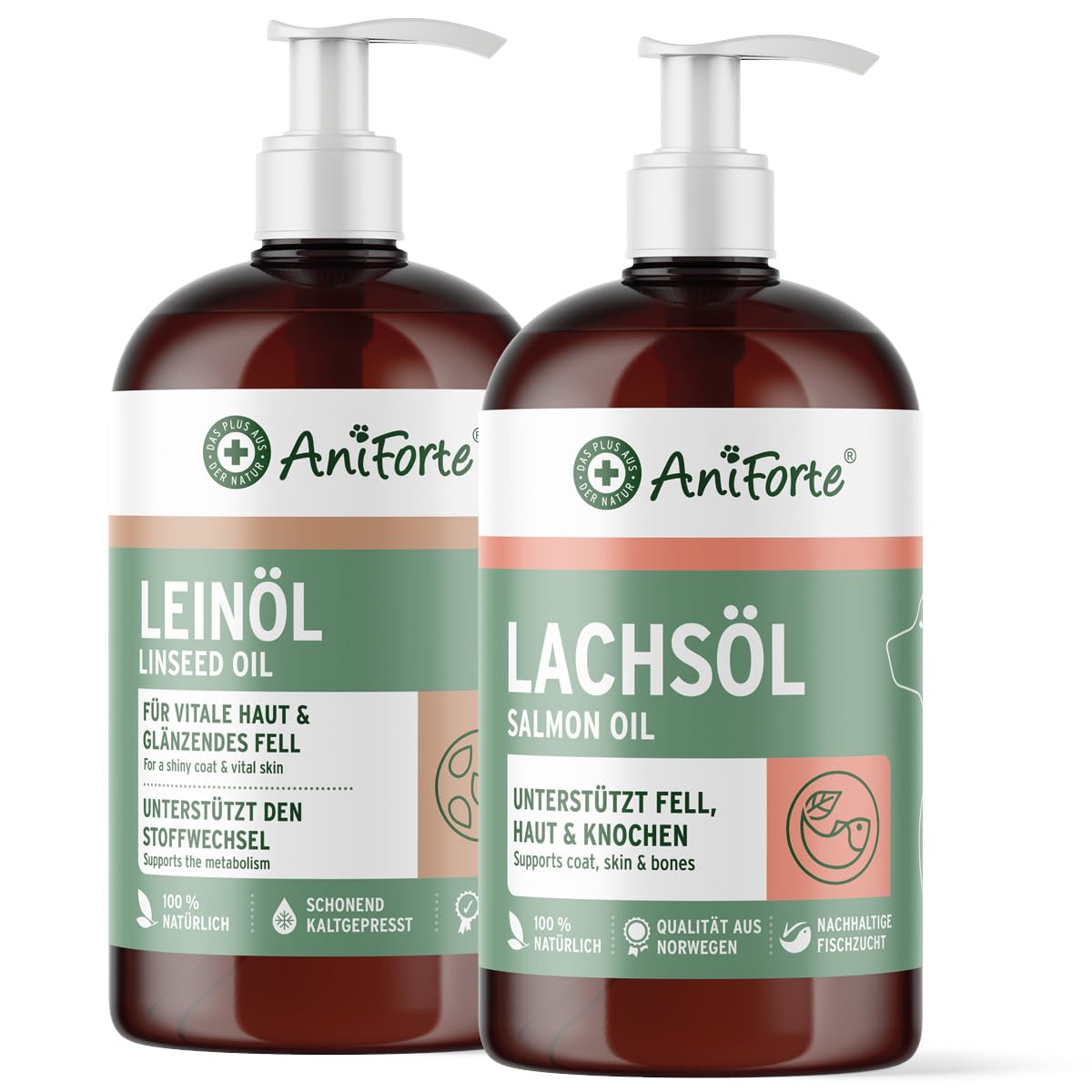 AniForte Barf-Öl Set 2 mit je 500ml Leinöl & Lachsöl für Hunde & Katzen– Naturprodukte ohne Zusätze, 100% reine Futteröle für Fell & Haut oder als nährstoffreicher Barf Zusatz, Barf Öl mit Omega 3 & 6