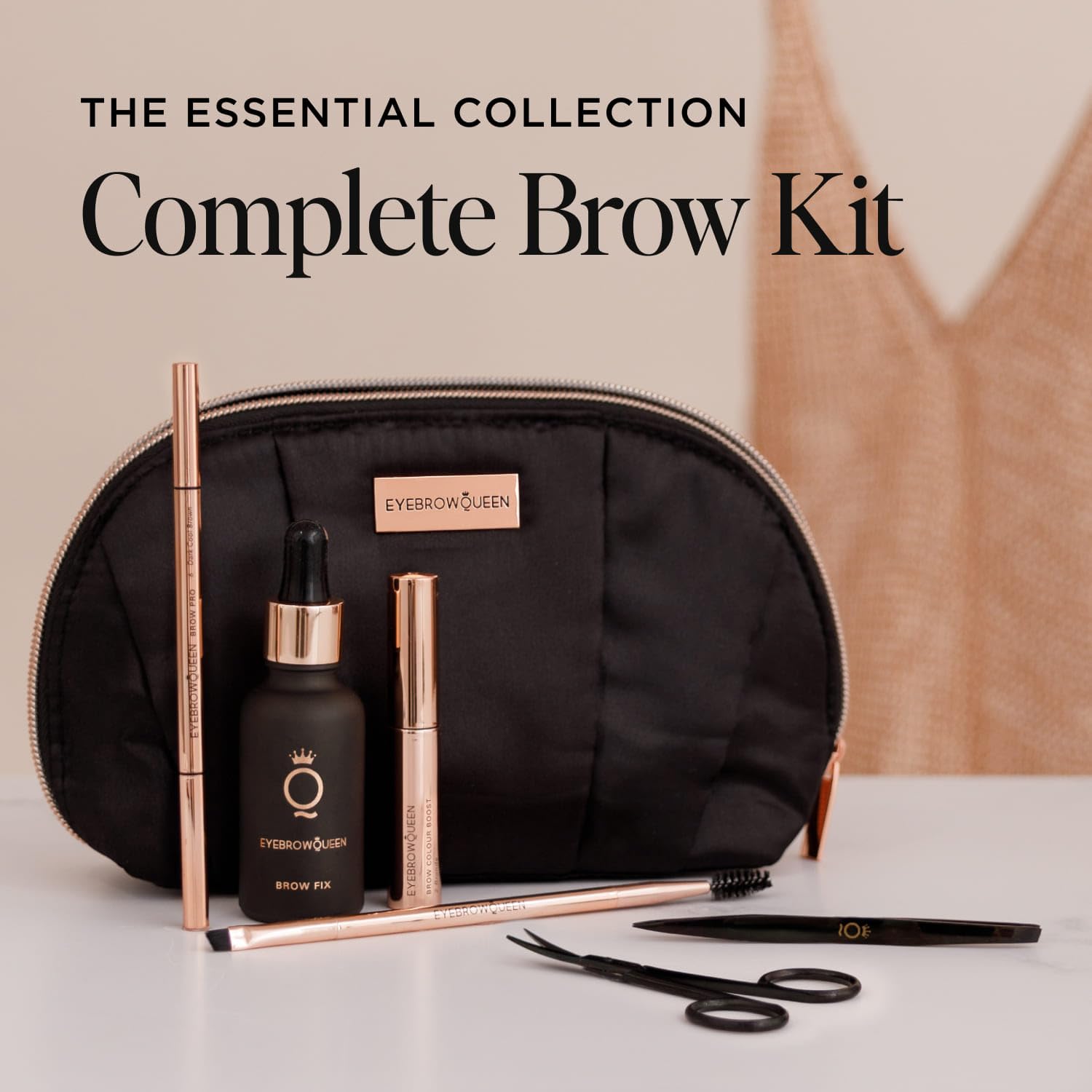 Eyebrowqueen Essential Collection -Eyebrow Kit - Black Brown. (Contains Eyebrow Pencil, Sculpting Gel, Eyebrow Brush, Tweezers, Scissors and Brow Fix Solution).