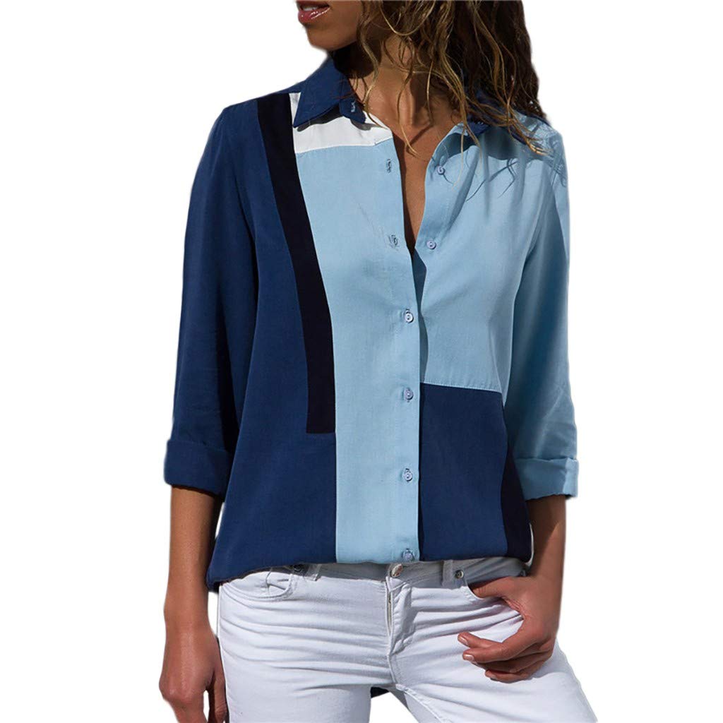 LIULIULIU❀Casual V-Neck Patchwork Button Down Shirts Tops Blouse