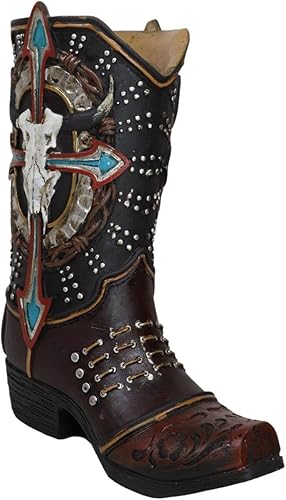 Miniatura 4 de Ebros Gift Rústica Country Western Cow Skull Turquesa Cruz y Alambres de púas de cuero sintético de vaquero Bota de vaquero decorativa florero o