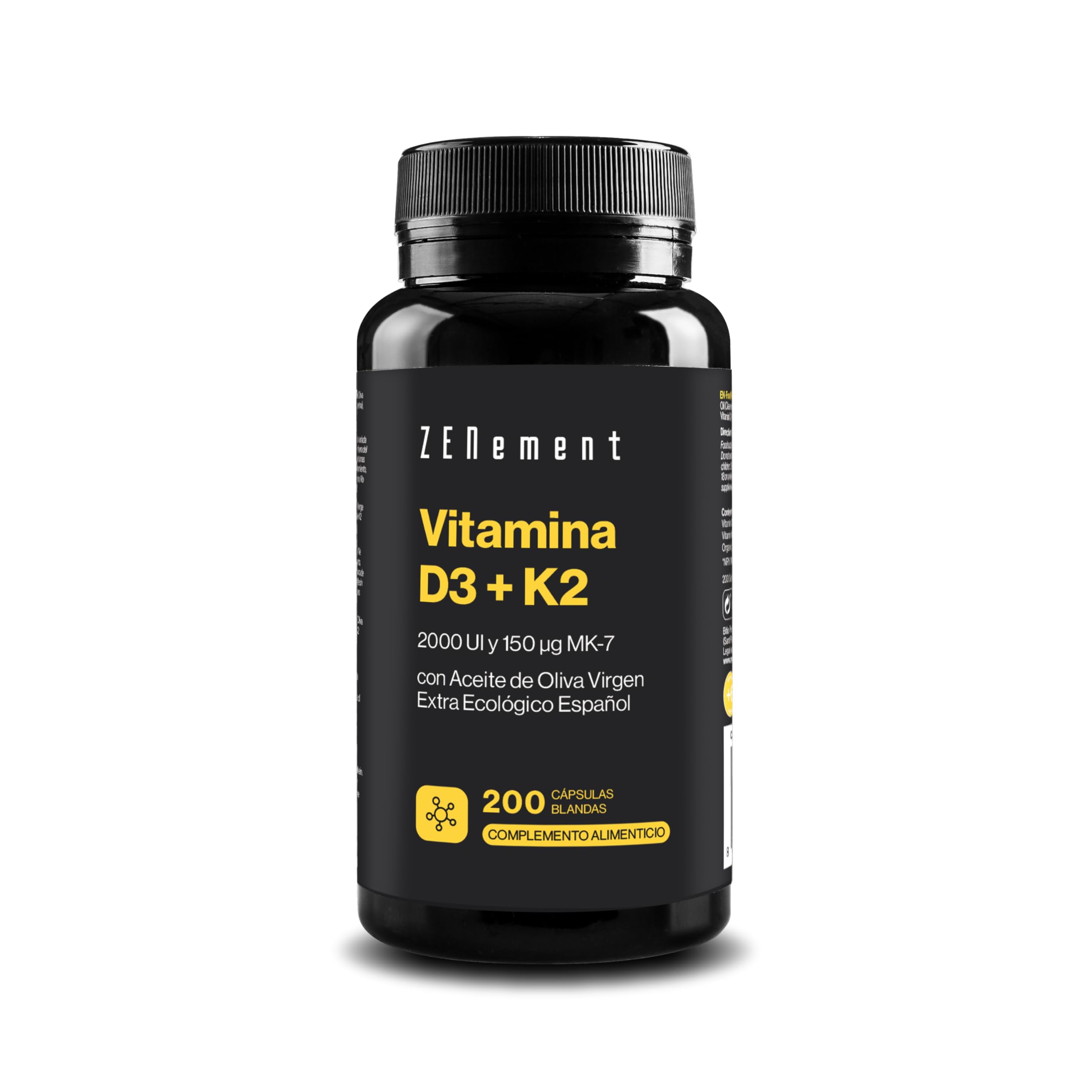 Vitamina D3 + K2 | Vitamina D3 2000UI Vitamina K2 MK7 150 µg Alta Biodisponibilidad, 200 Perlas con Aceite Oliva Virgen Extra Ecológico Español | Contribuye al Sistema Inmunológico, Huesos | Zenement