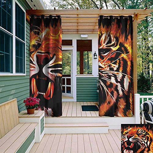 leinuoyi Safari, Outdoor Curtain Modern, Fire Power Tiger Flames Hunter Forest King Beast Stripes Furry Large Animal, for Patio Waterproof W72 x L108 Inch Orange Black White