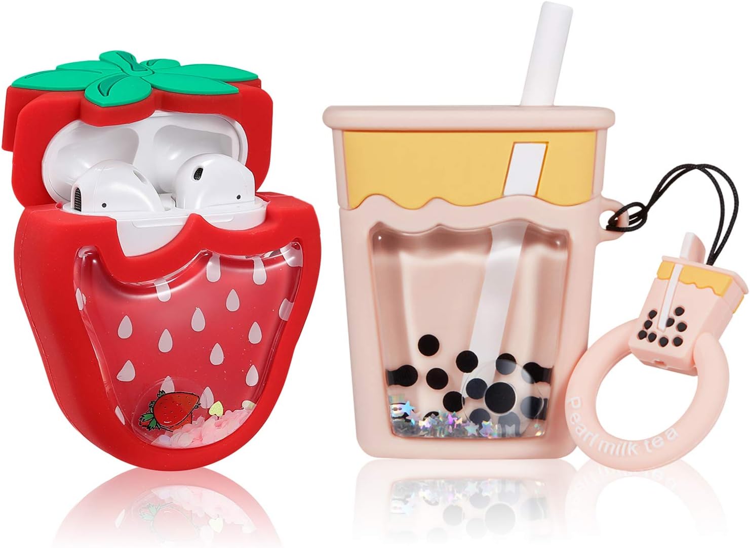 Hairland for Airpod 2/1 Silicone Case, Soft Protective Cartoon Fashion Cute Design Air Pods Cover Skin Kids Girls Funny Headphone Accessories Charging Cases for AirPods (Quicksand Strawberry+Milk Tea)