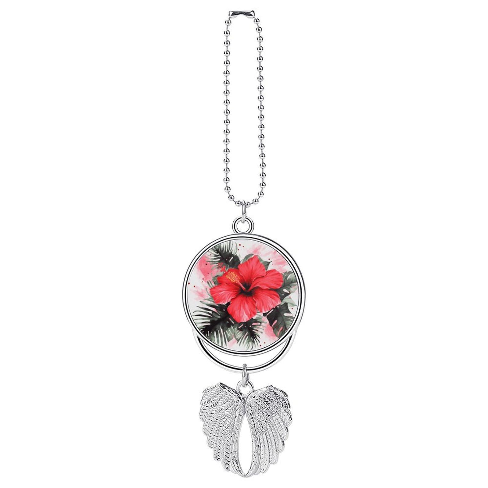 Red Hibiscus Car Charm Alloy Car Rear View Mirrors Hanging Ornaments Stylish Car Pendant Funny Auto Hanging Accessories Car Hanging Ornaments Gift for Women Men