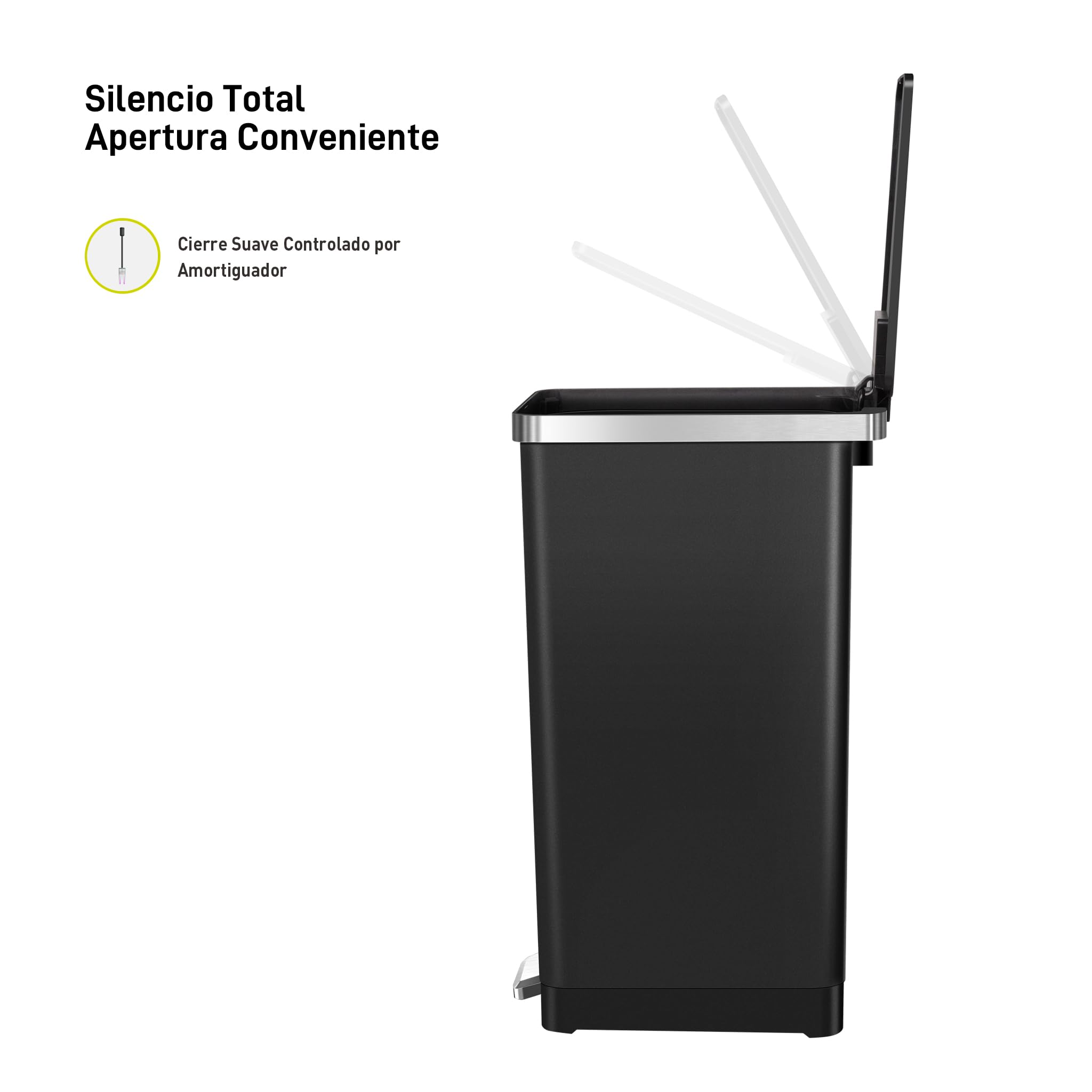 EKO Hana | Cubo de Basura Cocina 30L Negro con Pedal y Cierre Suave | Papelera de Plástico Moderna y Compacta para Cocinas Ordenadas