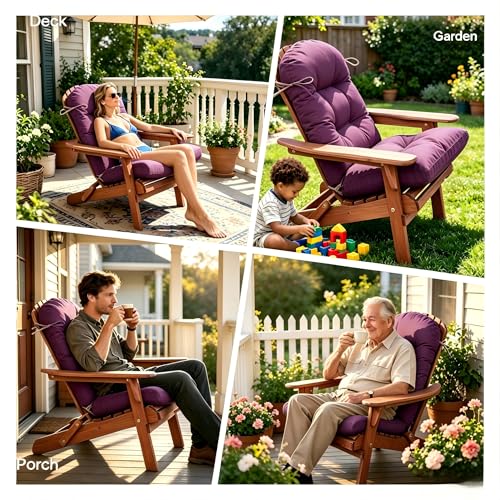 Image of QILLOWAY Outdoor High Back Chair Cushion for Adirondack, All Weather Rocking Chair Cushions Thick Padded Replacement for Patio Furniture Set of 2,Purple