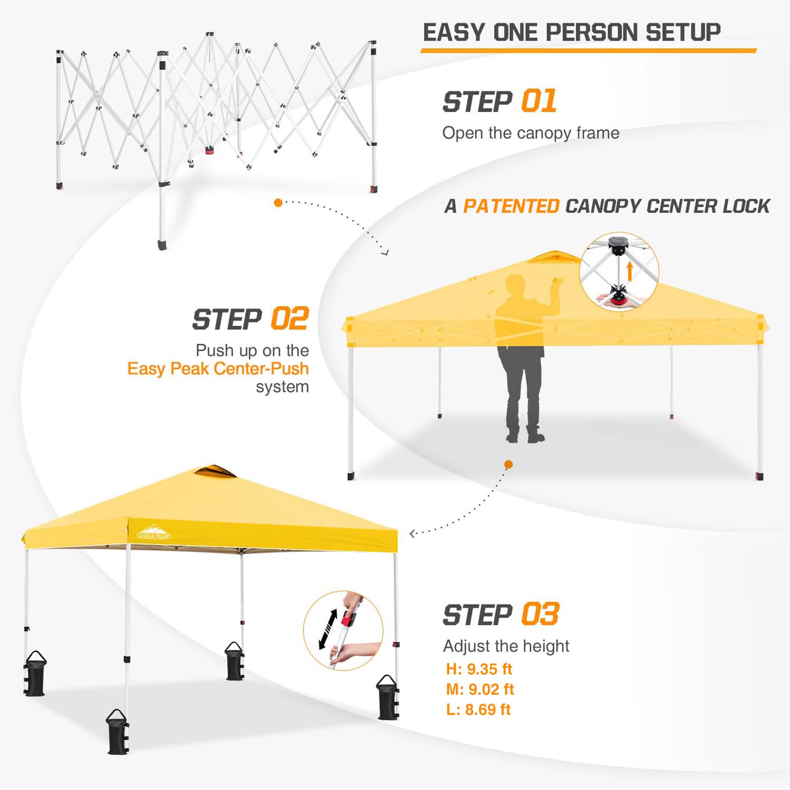 EAGLE PEAK Pop Up Canopy Tent with Wheeled Carry Bag, 8 Stakes, 4 Ropes, 4 Weight Bags, Easy Set Up Tent Canopy, 10x10 ft, 100sqft of Shade, Yellow