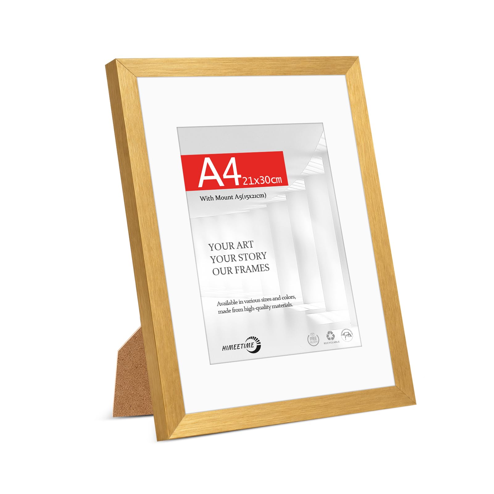 HIMEETIME® 1x A4(21x29.7cm) Picture Frame Brushed Gold Wood,A4 Photo Frame with Mount for A5(14.8x21cm)—Includes HD Perspex and Stand for Tabletop or Wall Hanging