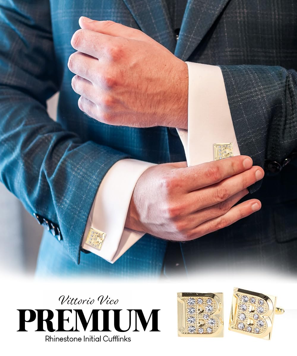 Vittorio Vico Rhinestone Initial Cuff Links (E - Gold)
