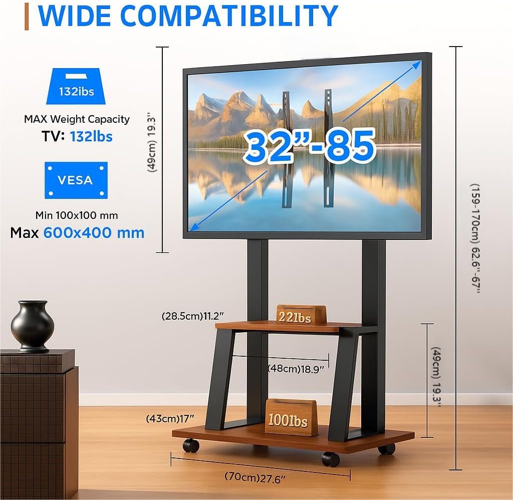 Rolling TV Stand for 32-80 Inch TVs, Mobile TV Cart with Power Outlet, Outdoor Tv Stand with Wheels, Portable tv Stands for LCD OLED 4K Flat/Curved Panels Max VESA 600x400mm (Walnut)