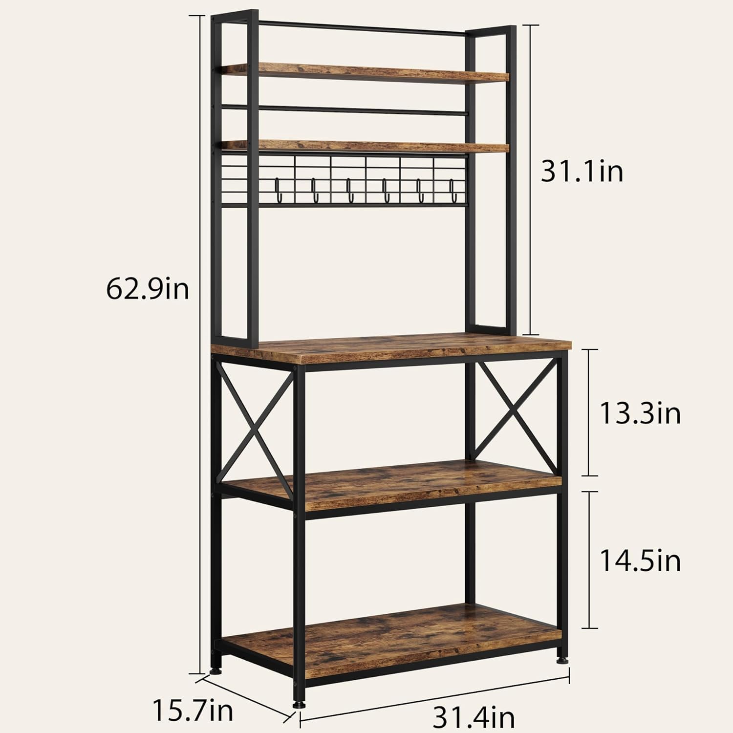 Etagère de Cuisine, Support pour Four à Micro-Ondes avec Rangement, Porte-Café en Bois à 5 Niveaux avec 6 Crochets pour épices, Rangement des Pots, Brun Rustique, 80x40x160cm