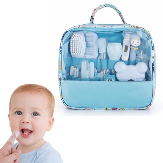 Kit Higiene e Cuidados para Bebês 13 em 1 com Necessaire, Tesoura, Cortador de Unhas, Termômetro Digital, Pente, Escova, Aspirador Nasal, Livre de BPA, Linha Premium - Azul