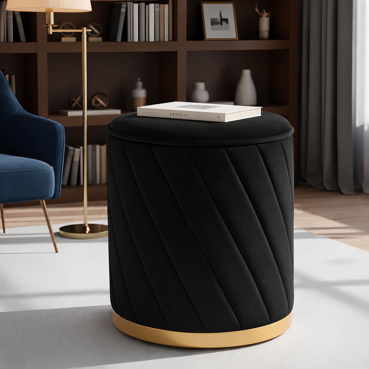 Round Velvet Ottoman Stool with Gold Base – Modern Upholstered Footrest Pouffe, Tufted Vanity Seat, Living Room Bedroom Dressing Stool (Black)-image-27