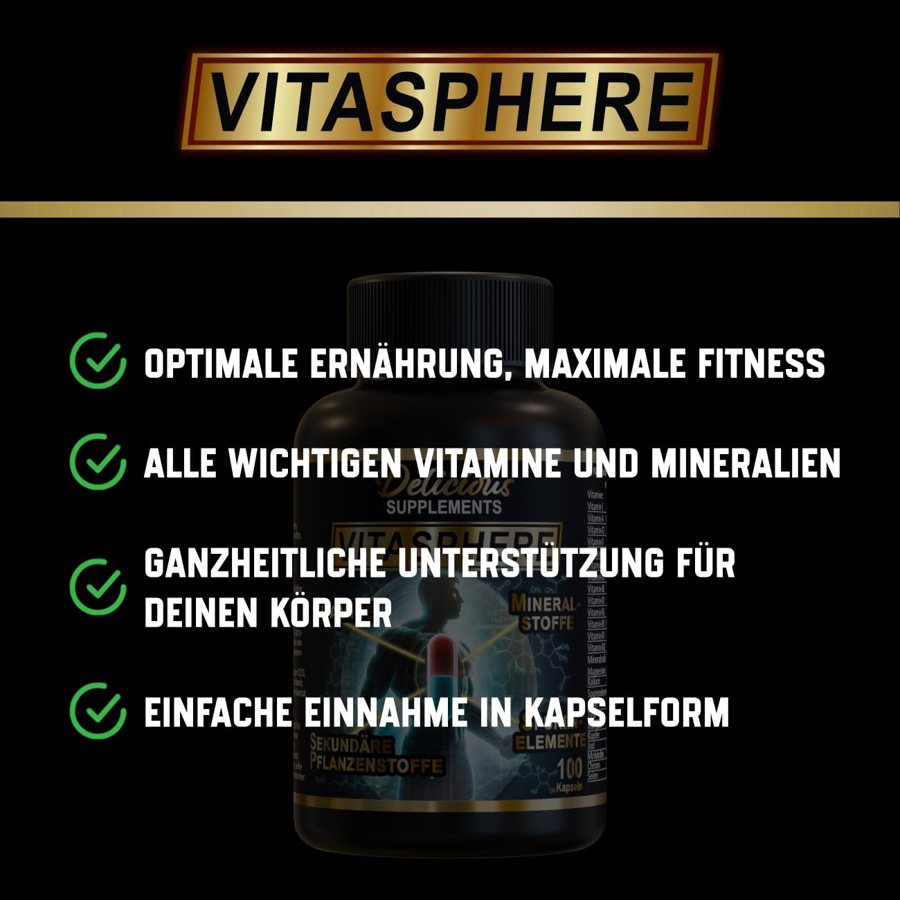 Vitasphere Multivitamin - mit Vitamin C, D, E, B6, B12, Zink & Magnesium - 100 Kapseln für 100 Tage, Nahrungsergänzungsmittel mit Vitaminen & Mineralstoffen - Delicious Supplements - Made in Germany