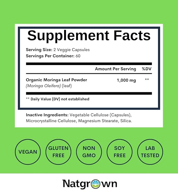 Natgrown Organic Moringa Capsules 1,000 mg - Pure Moringa Leaf Powder - Green Superfood Supplement - Vegan, Gluten-Free - 120 Capsules