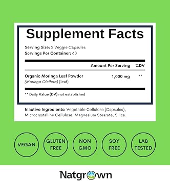 Natgrown Organic Moringa Capsules 1,000 mg - Pure Moringa Leaf Powder - Green Superfood Supplement - Vegan, Gluten-Free - 120 Capsules