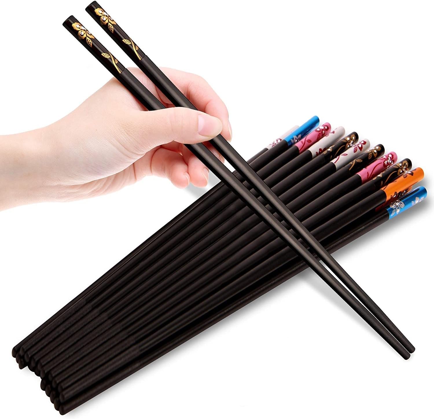 Iktu 5 Pairs Reusable Chopsticks Set - Fiberglass Japanese Chopsticks, Lightweight Easy to Use Chop Sticks with Case for Sushi, Noodles and Other Asian Food (Black Flower)