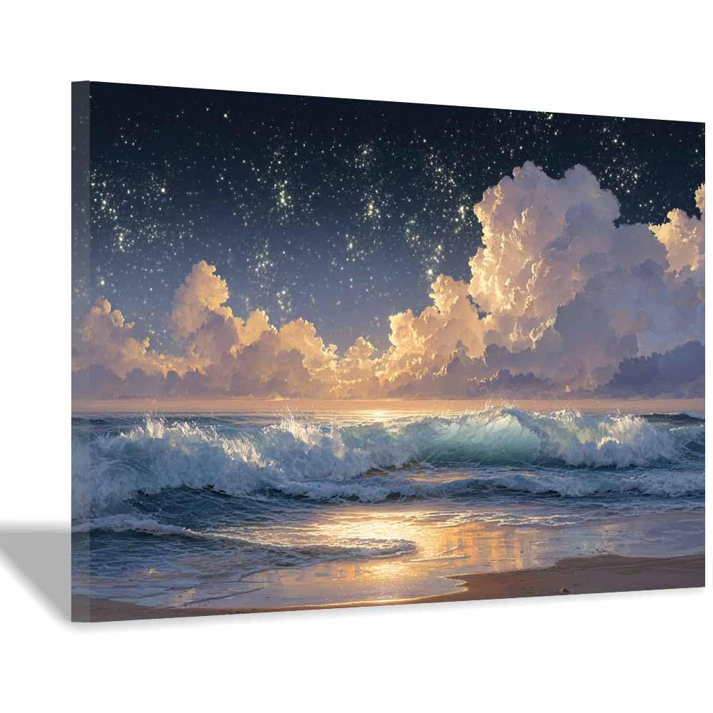 HOQIU Natural scenery wall art Starry Night Beaches decorative painting, wall art, for Living Room Bathroom Bedroom Kitchen Decoration.(Multicolor)-70x100cm Framed