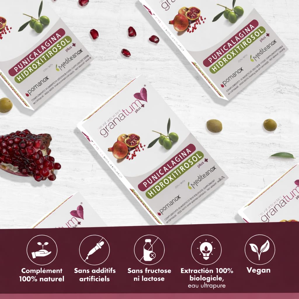 Granatum Plus - Punicalagine et Hydroxytyrosol - Extrait de Grenade et d'Huile d'Olive Extra Vierge - Antioxydant et Anti-inflammatoire - Soin de la Peau - Produit en Espagne - 1 Boîte de 60 Gélules