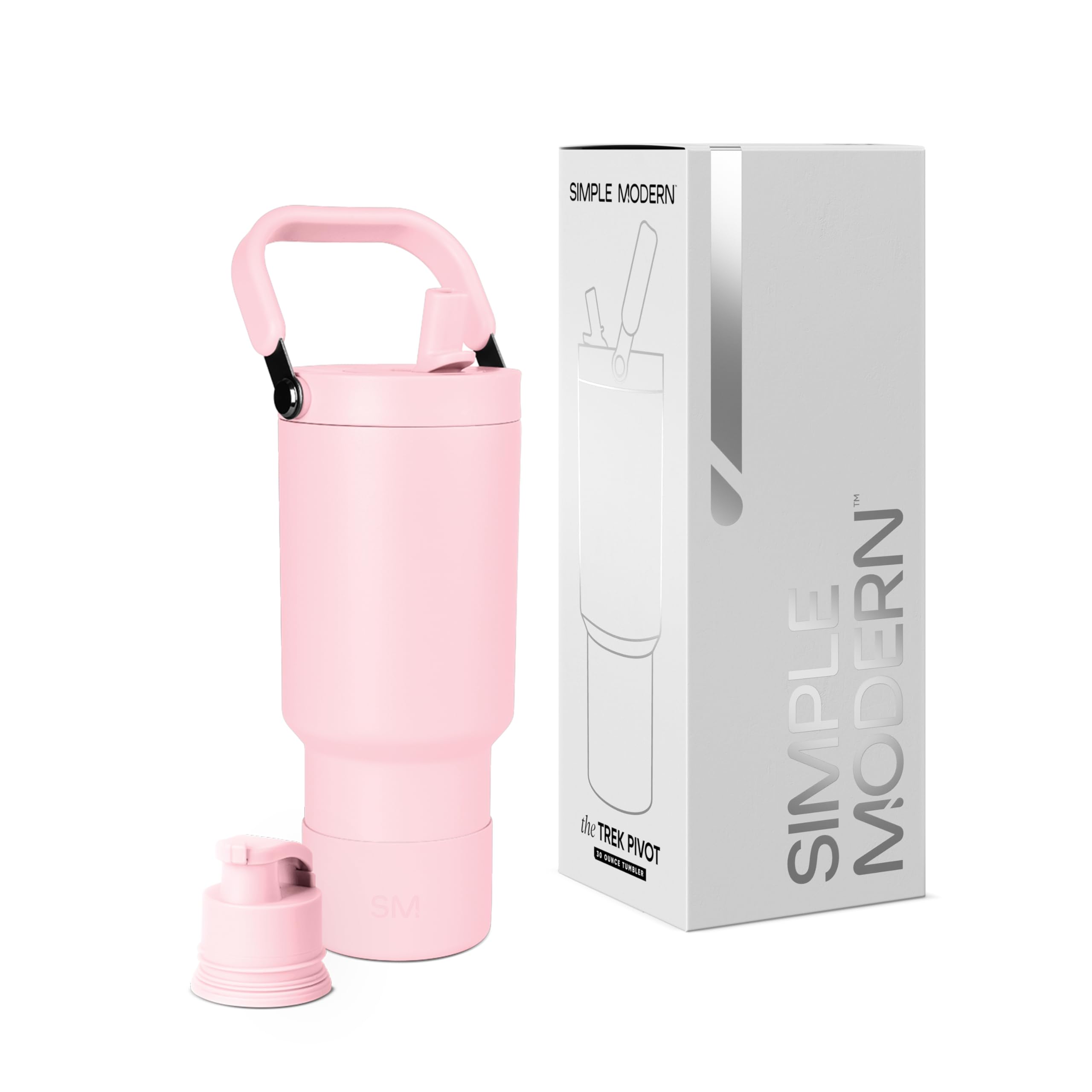 Simple Modern Tumbler with Handle, Water Jug | 30oz | Pink | Trek Pivot Insulated Stainless Steel Water Bottle | Interchangeable Straw & Chug Lid, Cupholder Friendly | Blush