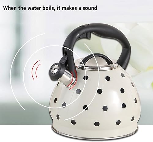 Miniatura 3 de Hervidor de té, tetera de lunares blancos y negros, bonita tetera silbante para estufa, tetera de acero inoxidable con mango ergonómico de agarre