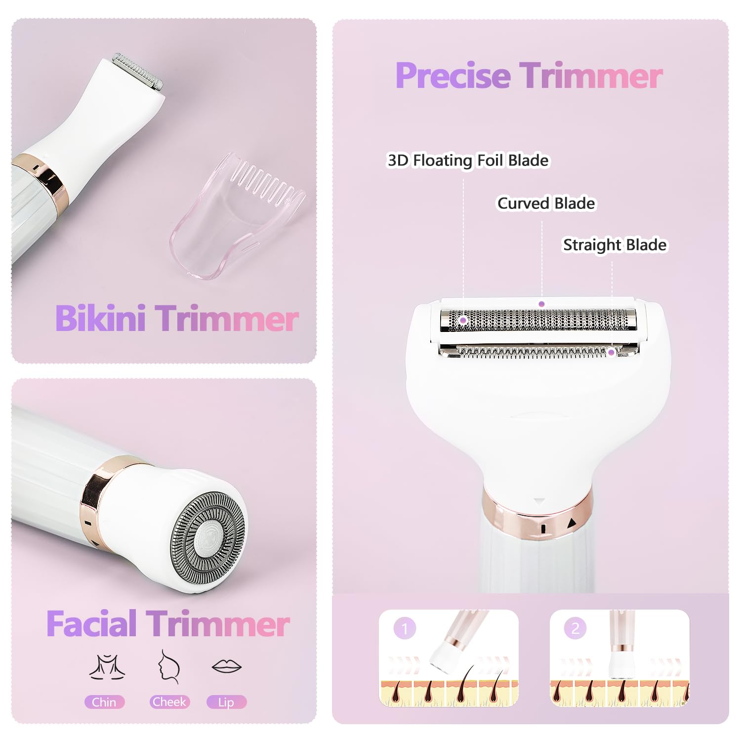 Maquinilla de afeitar eléctrica 5 en 1 para mujer, removedor de vello facial sin dolor, recortadora de bikini recargable para mujer, maquinilla de afeitar facial húmeda/seca para cara, nariz, cejas,