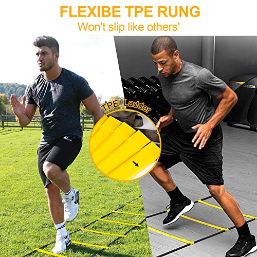 XGEAR Speed Agility Training Set - Indoor Outdoor TPE Adjustable Rungs Agility Ladder, Resistance Parachute, 4 Steel Stakes, 12 Disc Cones - Kit for Soccer, Lacrosse, Hockey, Basketball Drill