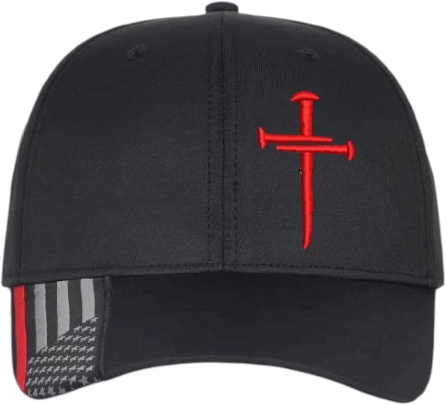 Christian Cross Baseball Cap, Religious Sacred Nails Design,Red Line Firefighter Flag with RED Cross Jesus Adjustable Hat with Free 4" Cross Window Decal