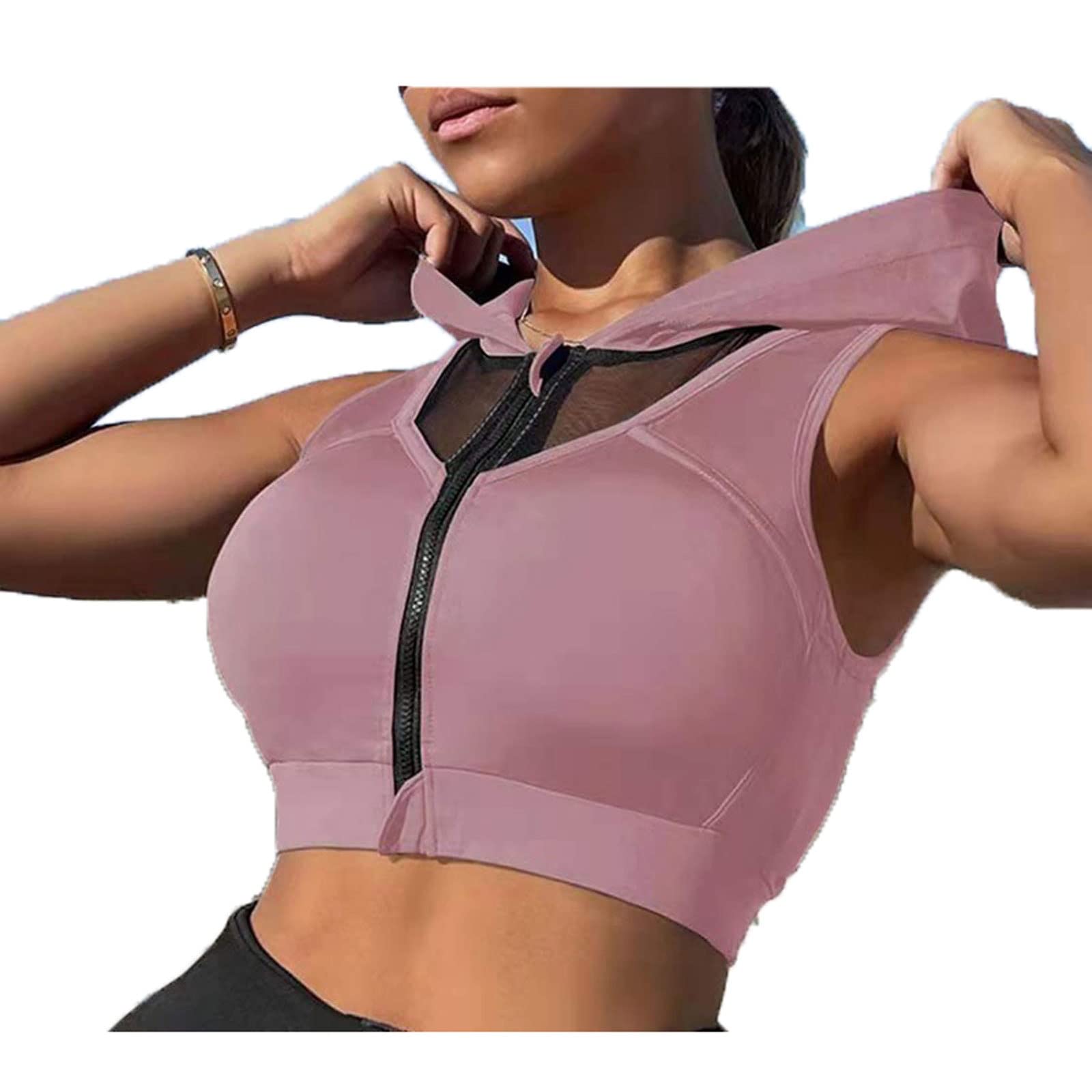 ZWENDEZWENDE Women's Sportswear Front Zipper Women High Impact Sports Bras Hoody Breathable Padded Push Up Top Fitness Gym Workout Vest Active Sportswear (Color : Pink, Size : L)