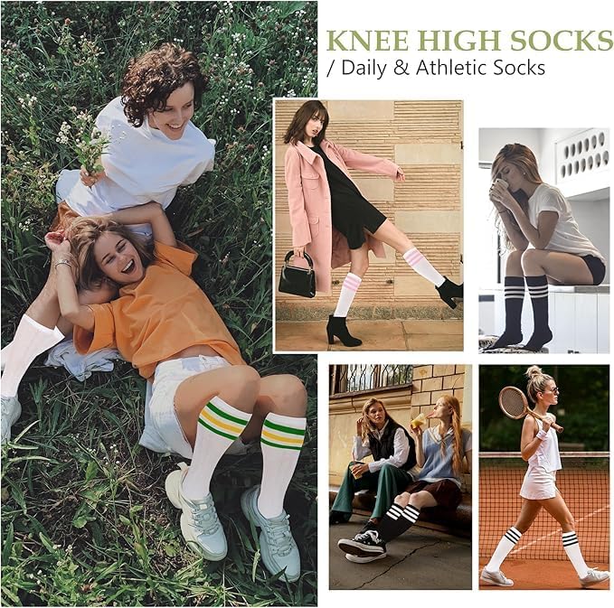 Image of Zando Knee High Socks for Women Striped Athletic Long Tall Tube Socks Outdoor Sports Casual Thigh High Stockings