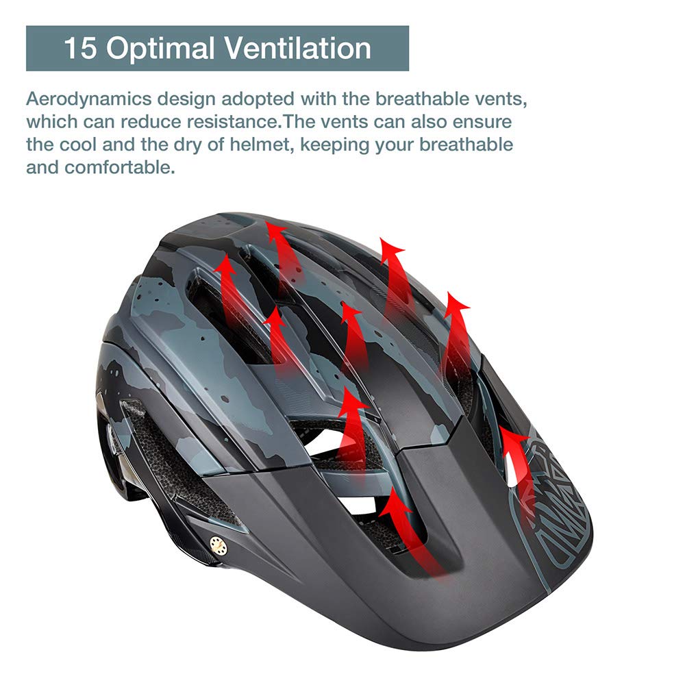 Fahrradhelm, leicht, 300 g, 56-61 cm, mit abnehmbarem Sonnenvisier, verstellbare Passform, 15 Vetns Mountainbike-Helm für Erwachsene und Damen, Unisex Sport & Freizeit