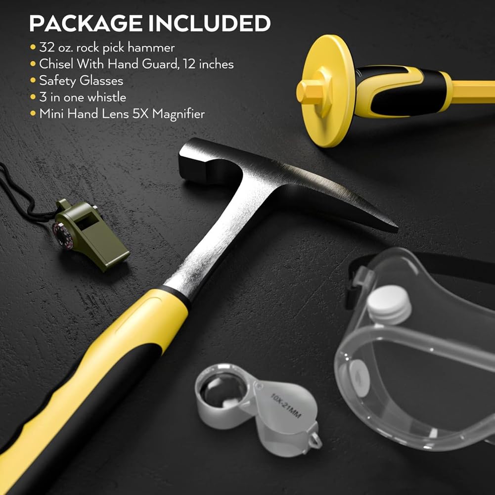 Juego de 5 Piezas Kit de Herramientas para Geología Martillo para Rocas 32 Oz con Cincel Gafas de Seguridad y Silbato