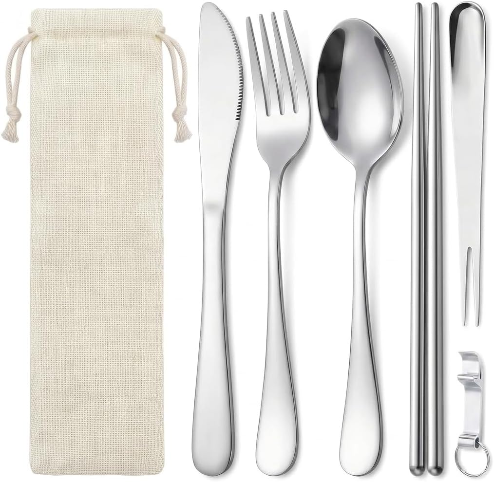 6 Pcs Portable Utensils Set Case Stainless Steel Travel Cutlery Flatware