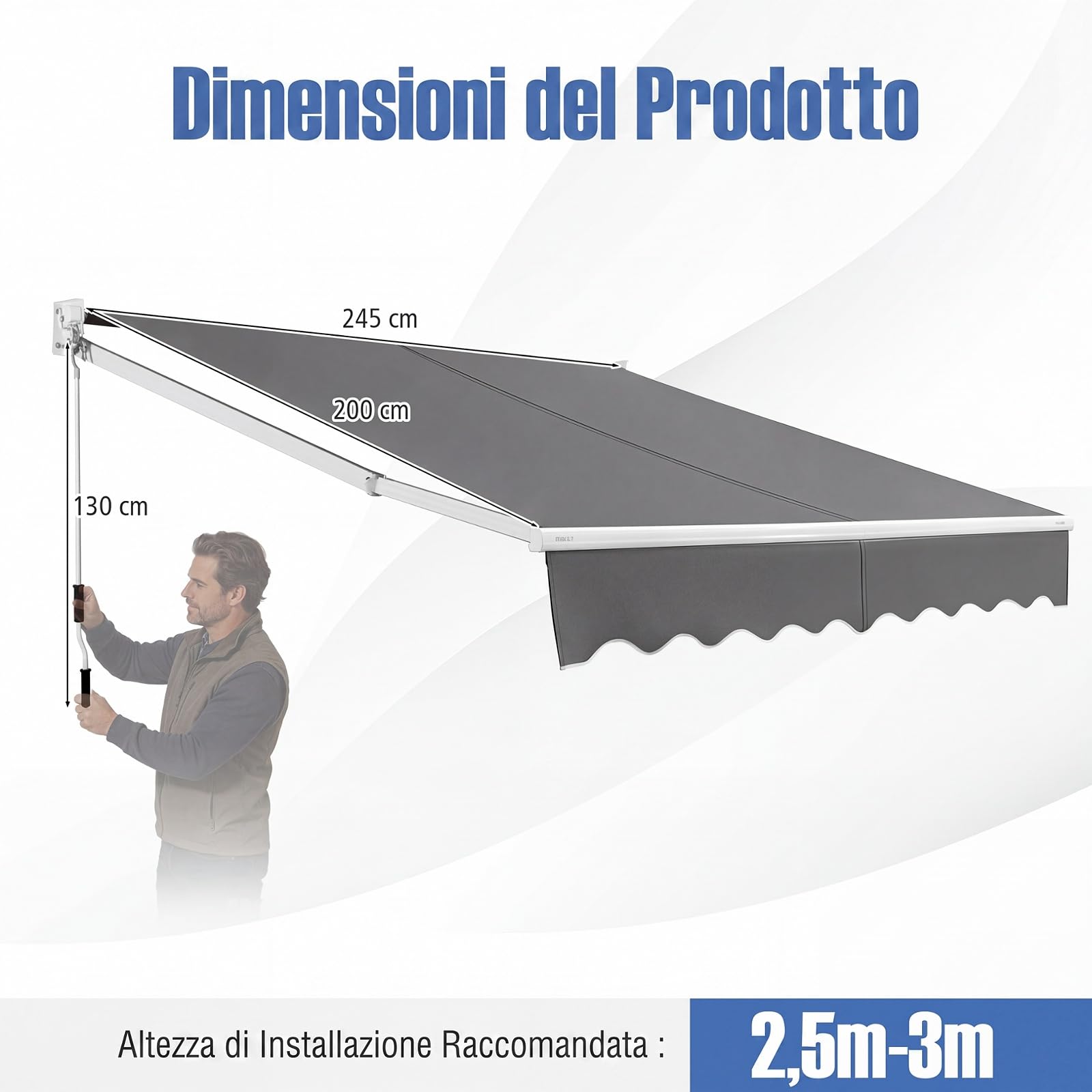 COSTWAY Tenda da Sole per Esterno Avvolgibile a Bracci Estensibili in Alluminio Impermeabile Grigio 245 x 200 cm