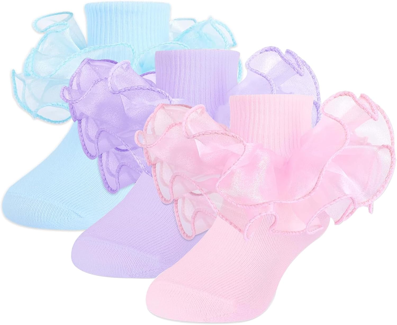 NiceBaby 3 Pairs Girls Ruffle Socks Double Big Lace Turn Cuff Dress Socks for Baby Girl Toddler Kids 1-3 Years, Blue/Purple/Pink