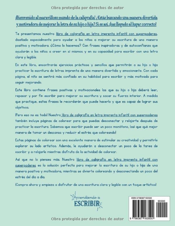 Miniatura 2 de Cuaderno De Caligrafía En Letra Imprenta Infantil Con Superpoderes Ejercicios de escritura a mano en Español con frases positivas y motivadoras -