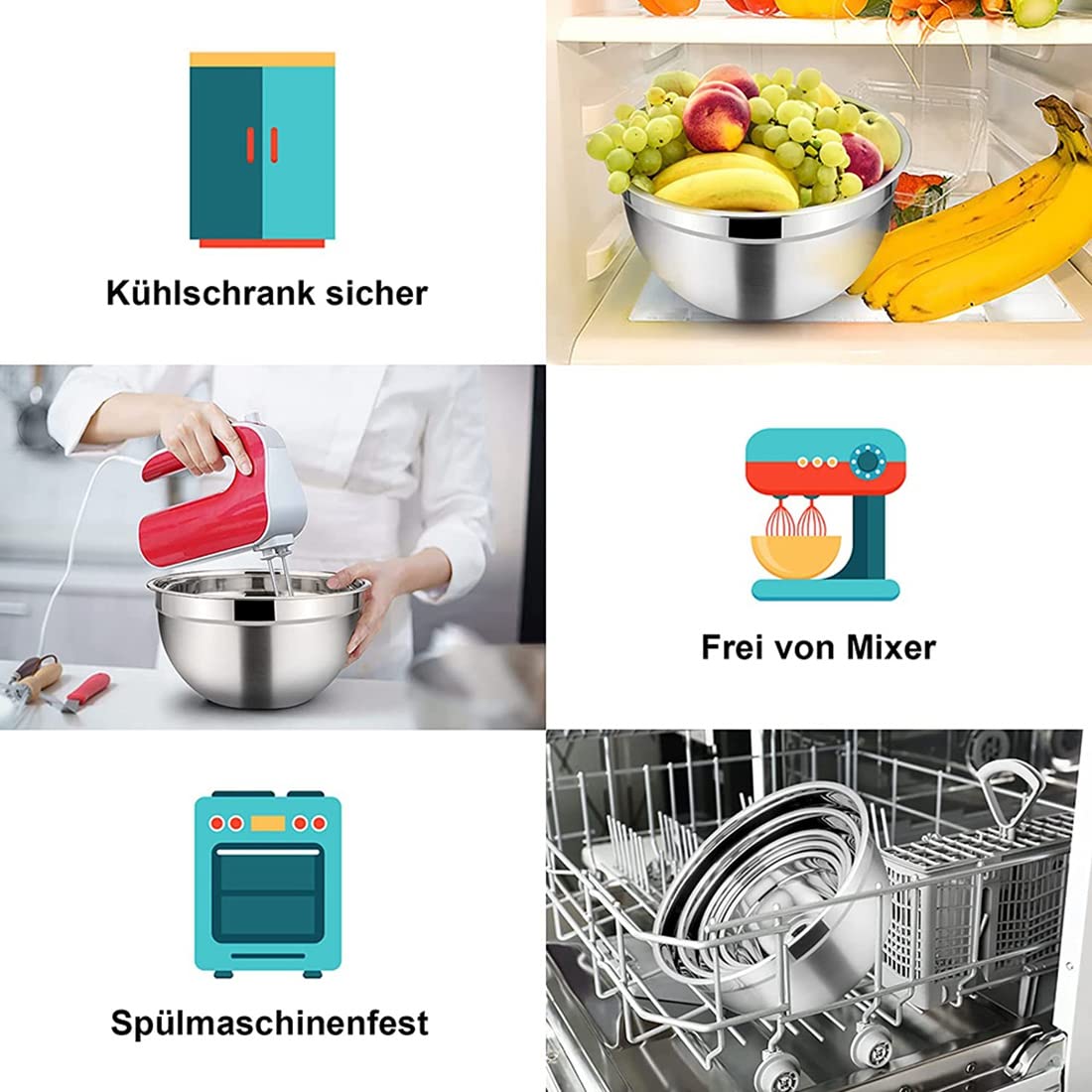 Set di 5 ciotole impilabili in acciaio con coperchio ermetico, per cucina, cucina, cottura, cottura ecc
