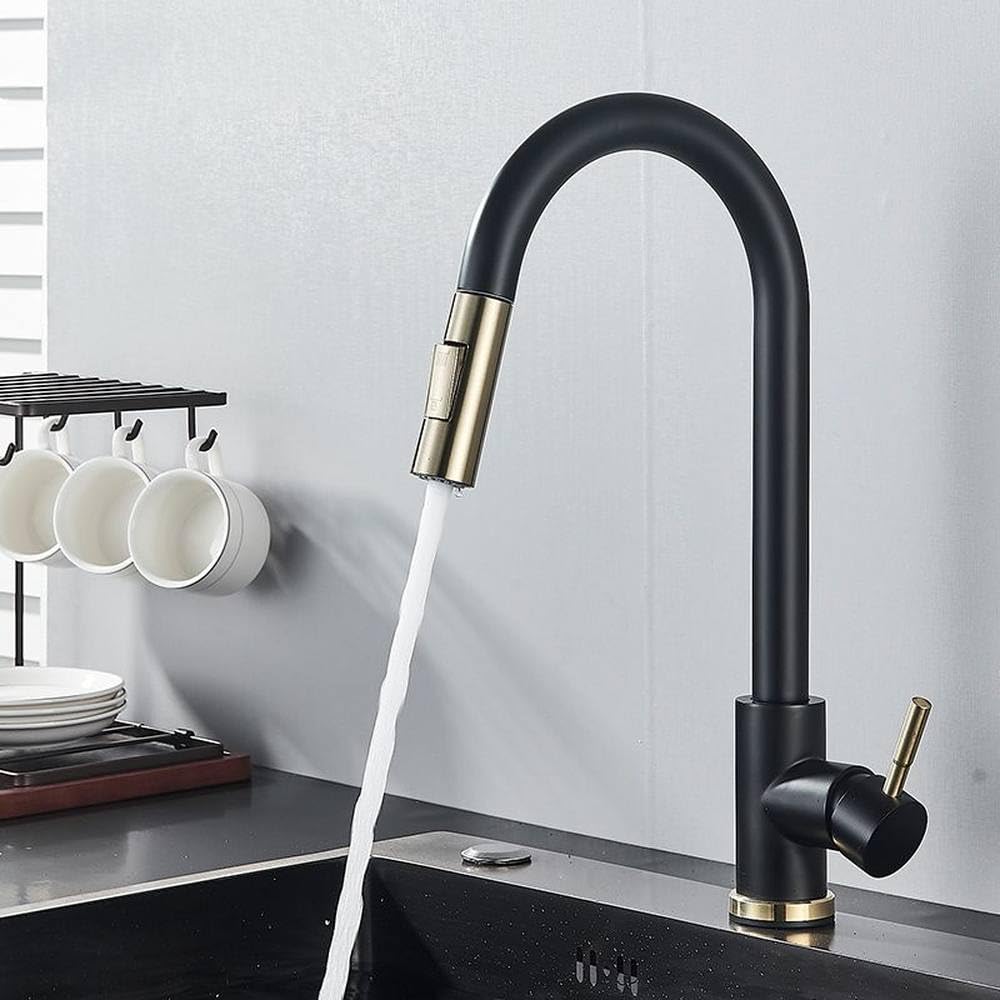 FCXWEVR Smart Touch Sensor Kitchen Faucet with Matte Black Finish Pull Out Sprayer Double Water Mode Hot Cold Mixer Tap Rotation Black Golden